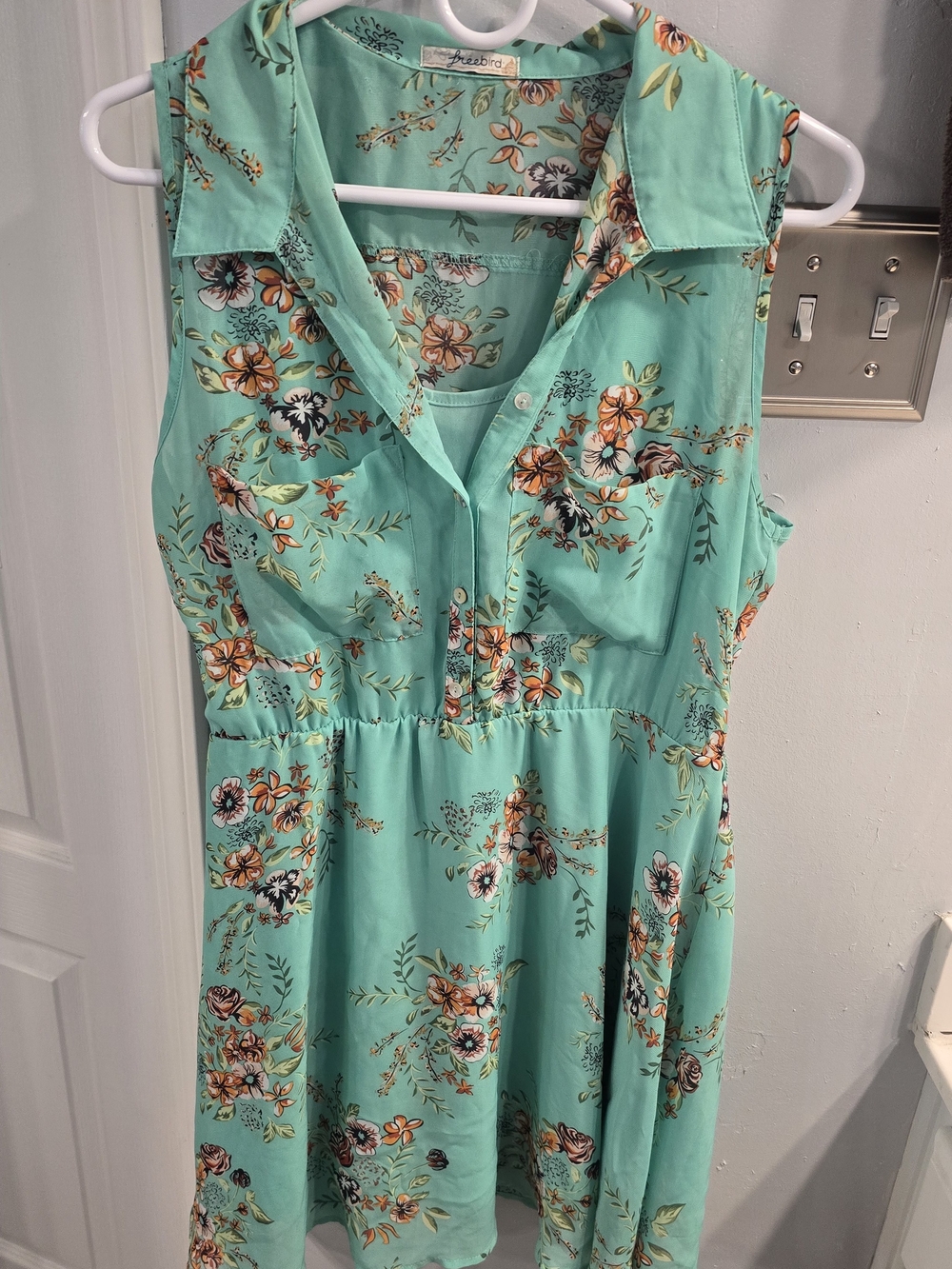 freebird Mint Green Floral Sleeveless Button-Front Mini Dress
